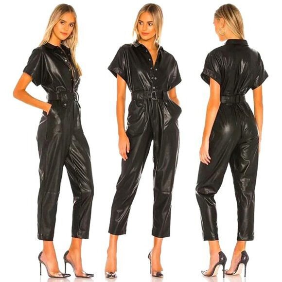 💥CHIC & SEXY💥BLACK LEATHER SHORT SLEEVE BELTED UTILITY JUMPSUIT